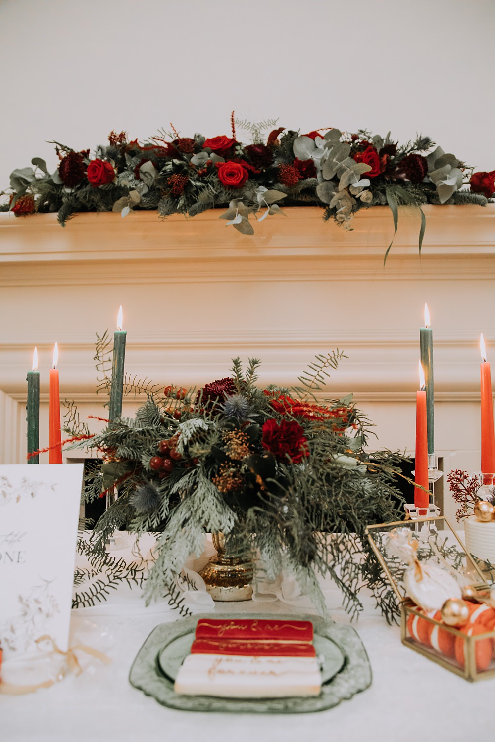 Burgundy Green Christmas Wedding Ideas Charly Mae Photography Table Setting Decor Garland Greenery Tall Candles Table Setting Decor Garland Greenery Tall Candles Centrepiece