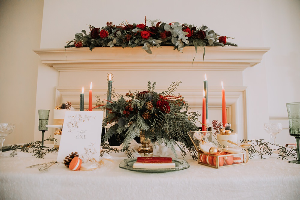 Burgundy Green Christmas Wedding Ideas Charly Mae Photography Table Setting Decor Garland Greenery Tall Candles