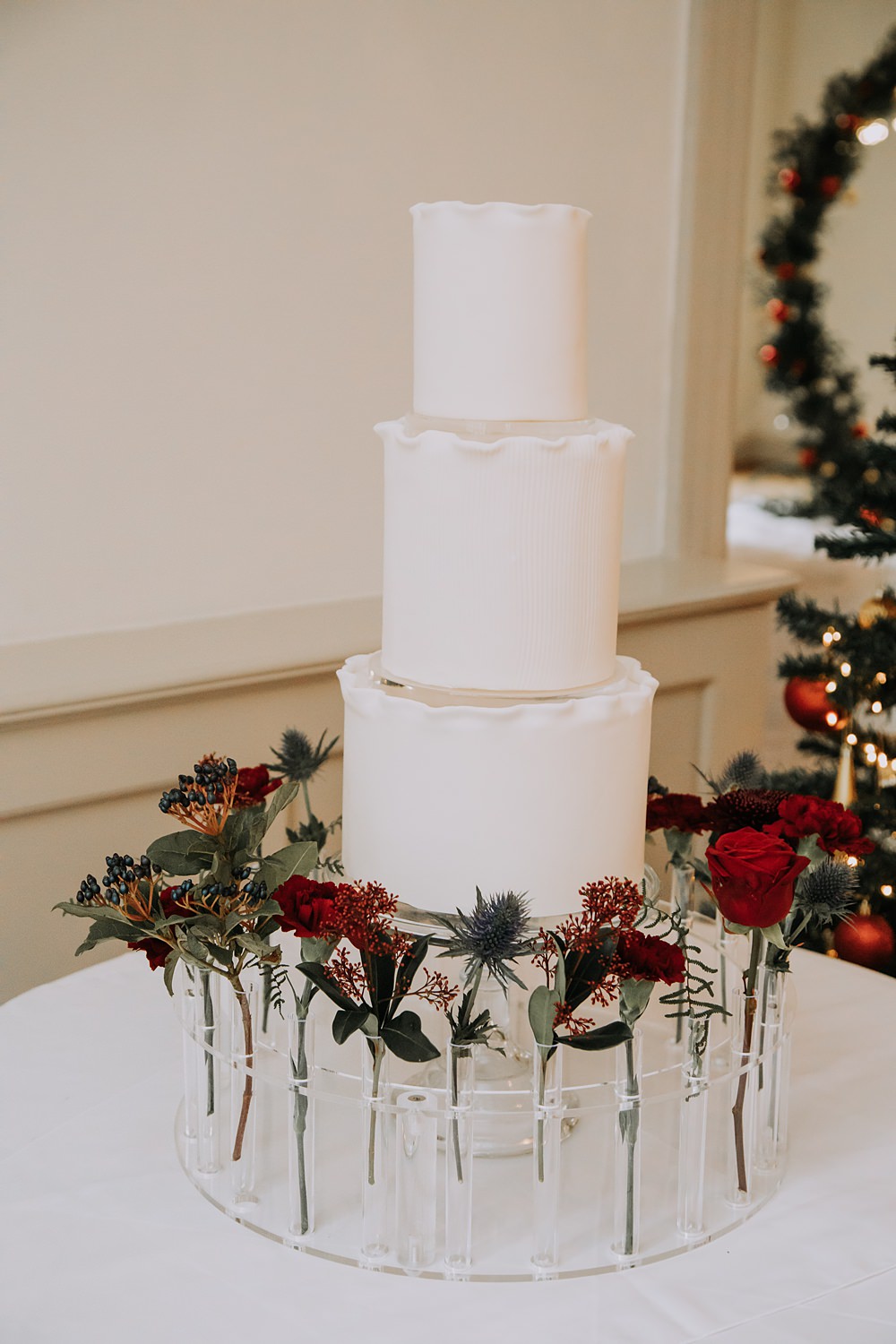 Burgundy Green Christmas Wedding Ideas Charly Mae Photography Iced White Cake 3 Tier Red Roses Test Tubes