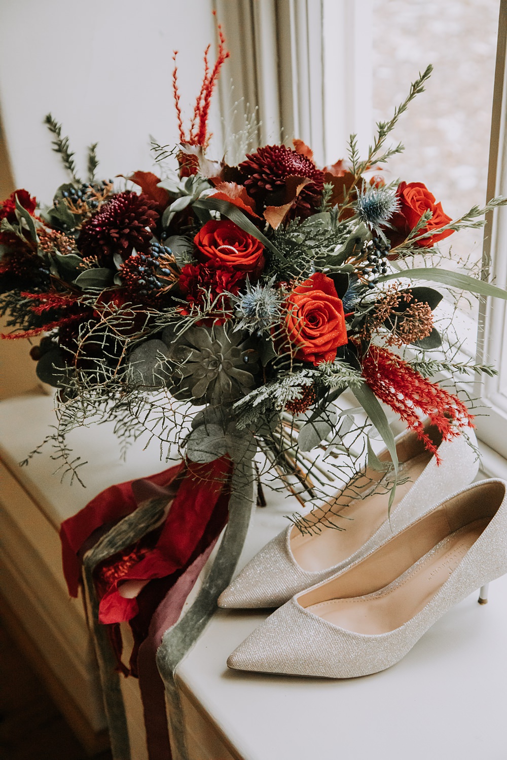 Burgundy Green Christmas Wedding Ideas Charly Mae Photography Red Rose Greenery Bouquet Bridal Ribbons Flowers