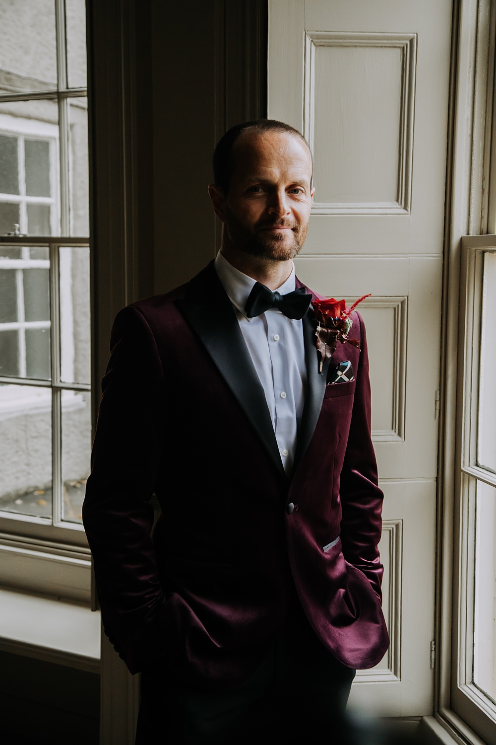 Burgundy Green Christmas Wedding Ideas Charly Mae Photography Groom Velvet Jacket Black Bow Tie