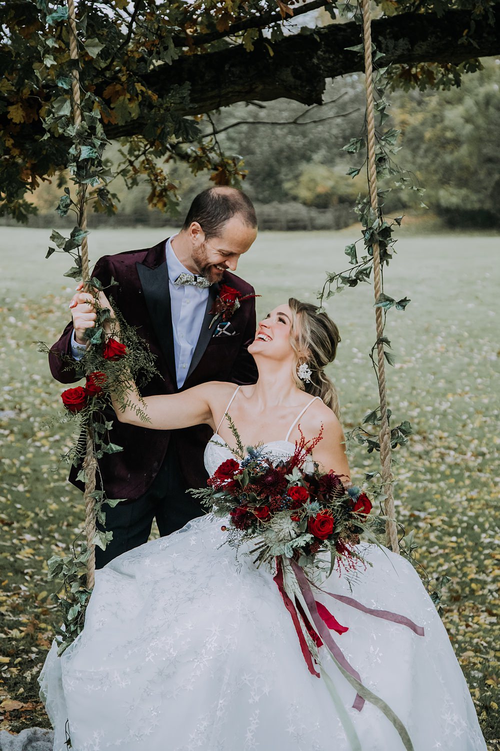 Burgundy Green Christmas Wedding Ideas Charly Mae Photography Swing Flowers Greenery