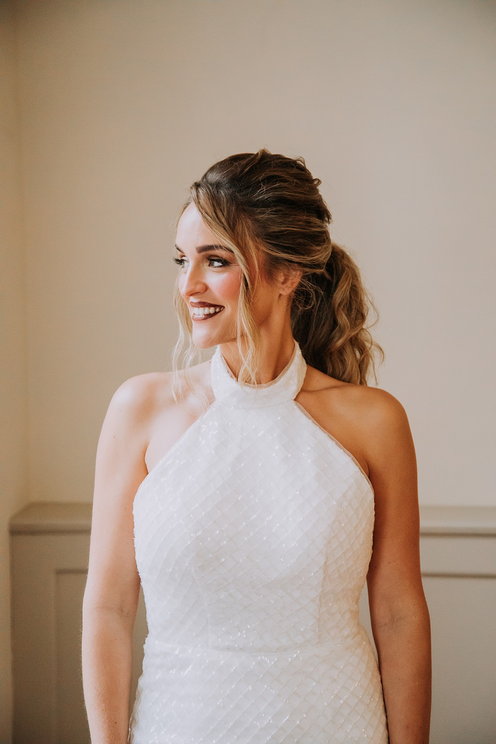 Burgundy Green Christmas Wedding Ideas Charly Mae Photography Halterneck Dress Bride Hairstyle Ponytail