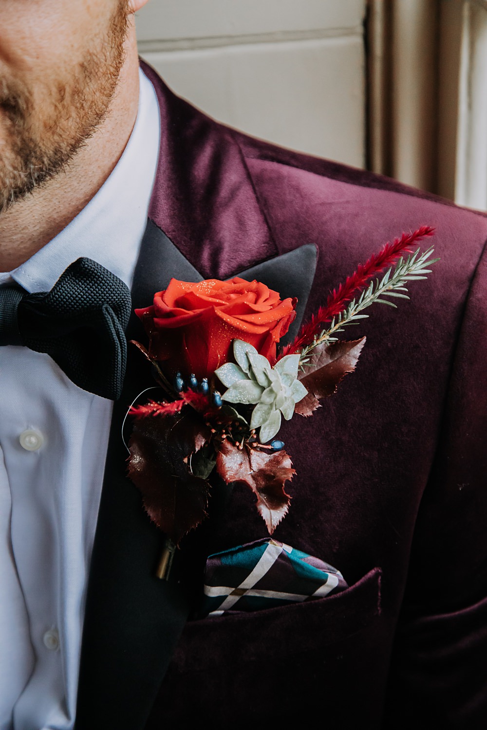Burgundy Green Christmas Wedding Ideas Charly Mae Photography Red Rose Groom Buttonhole Flowers