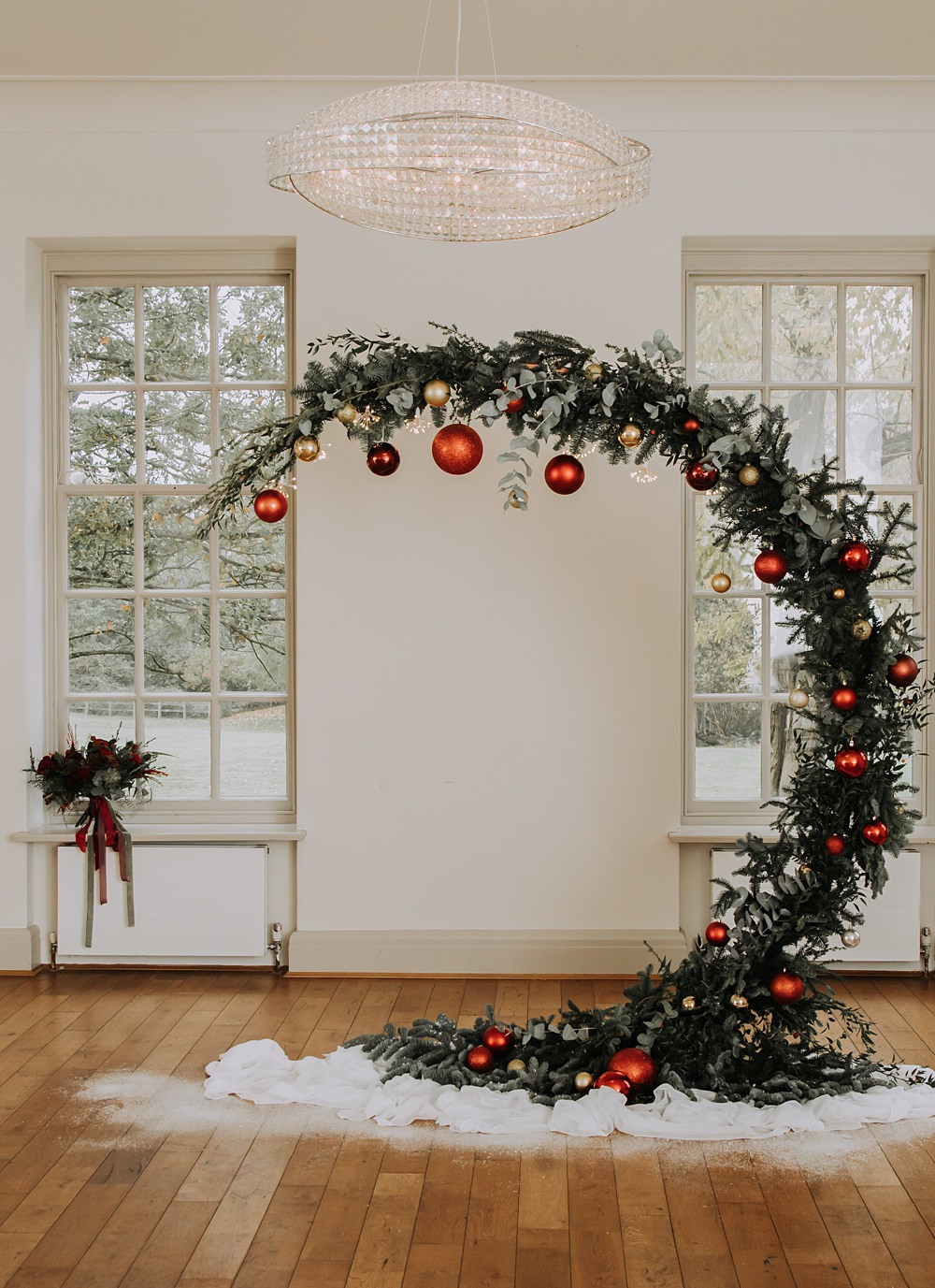 Burgundy Green Christmas Wedding Ideas Charly Mae Photography Crescent Moon Flower Arch Baubles Backdrop