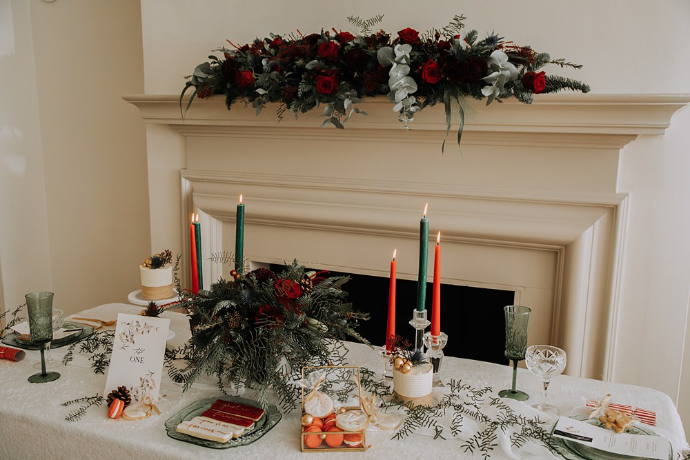 Burgundy Green Christmas Wedding Ideas Charly Mae Photography Table Setting Decor Garland Greenery Tall Candles