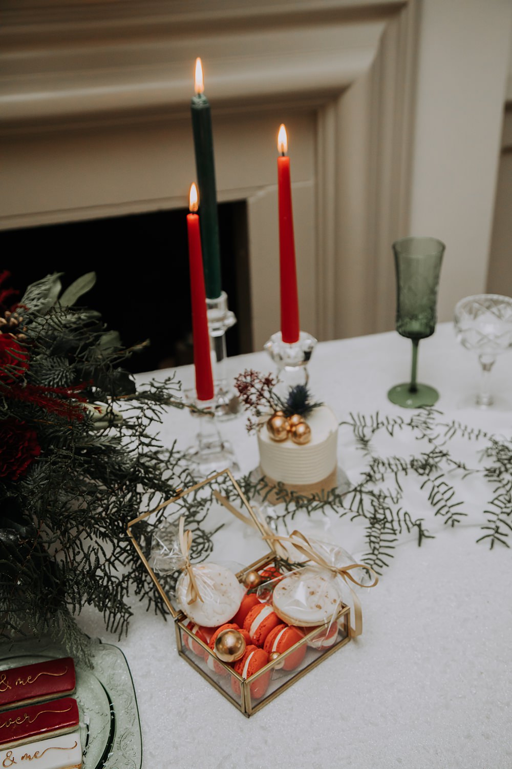 Burgundy Green Christmas Wedding Ideas Charly Mae Photography Table Setting Decor Garland Greenery Tall Candles
