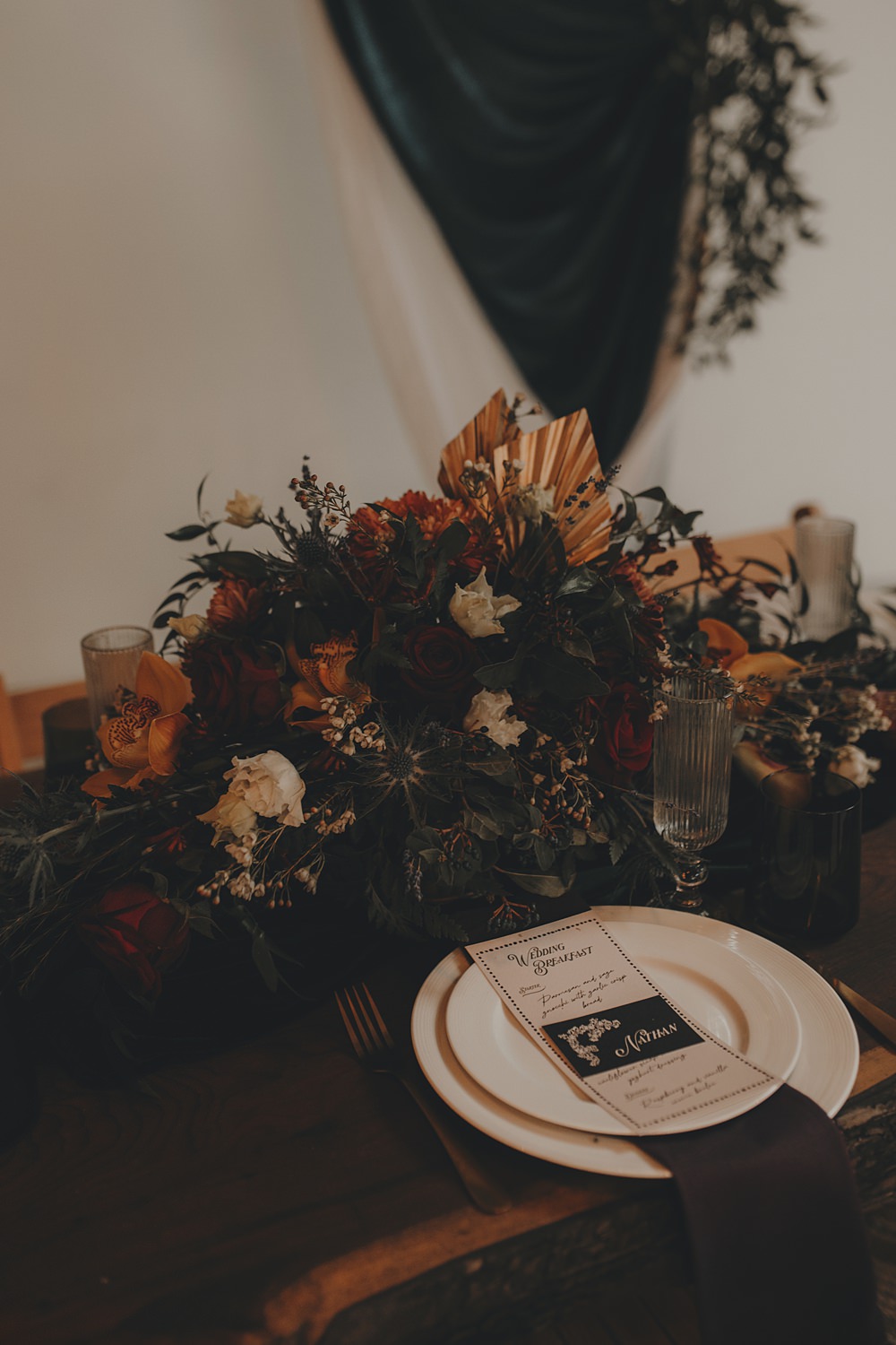 Celestial Witchy Winter Wedding Ideas Aurora Photographic Place Setting Flowers Place Setting Black Orange