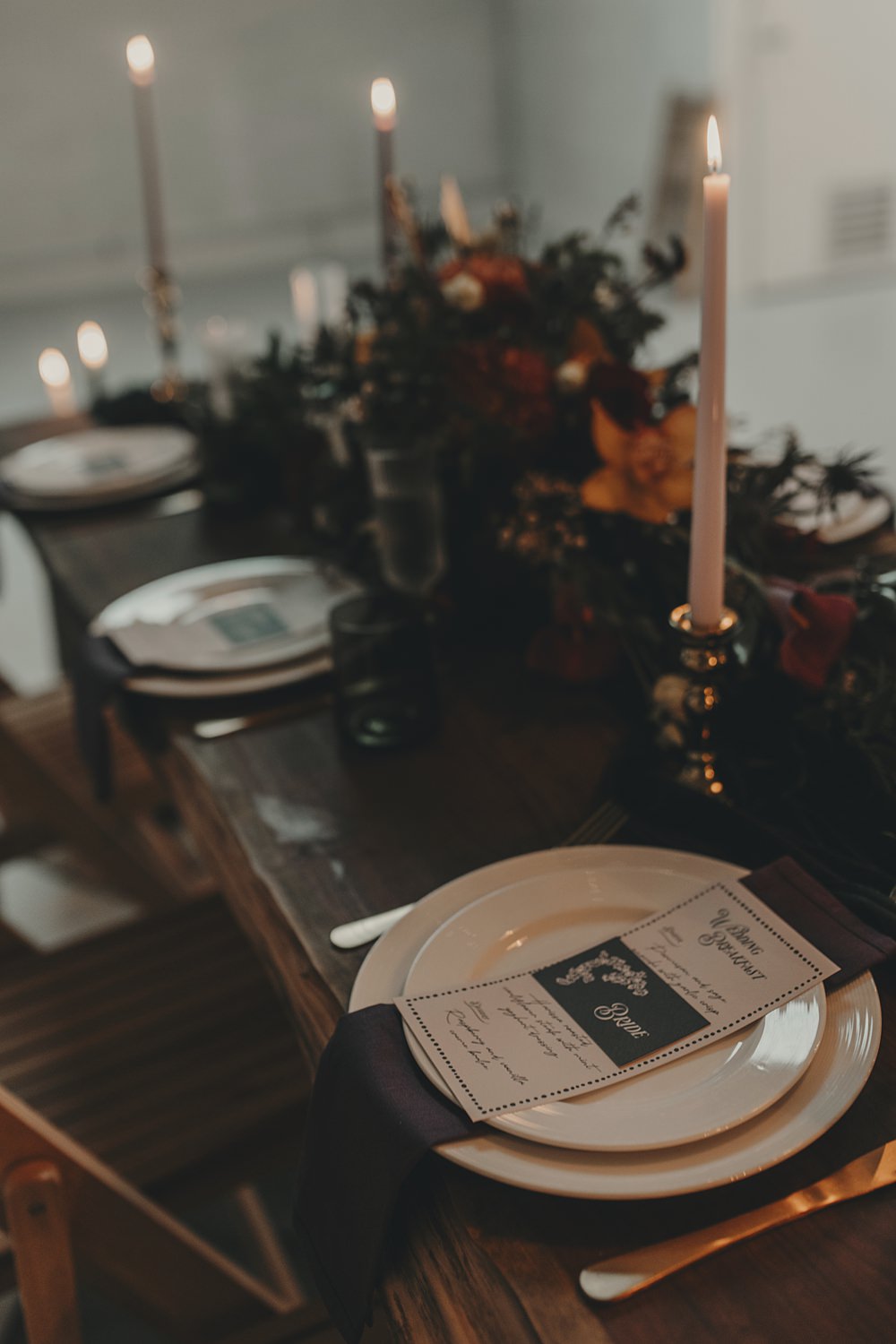 Celestial Witchy Winter Wedding Ideas Aurora Photographic Table Decor Black Orange Candles Napkin Stationery