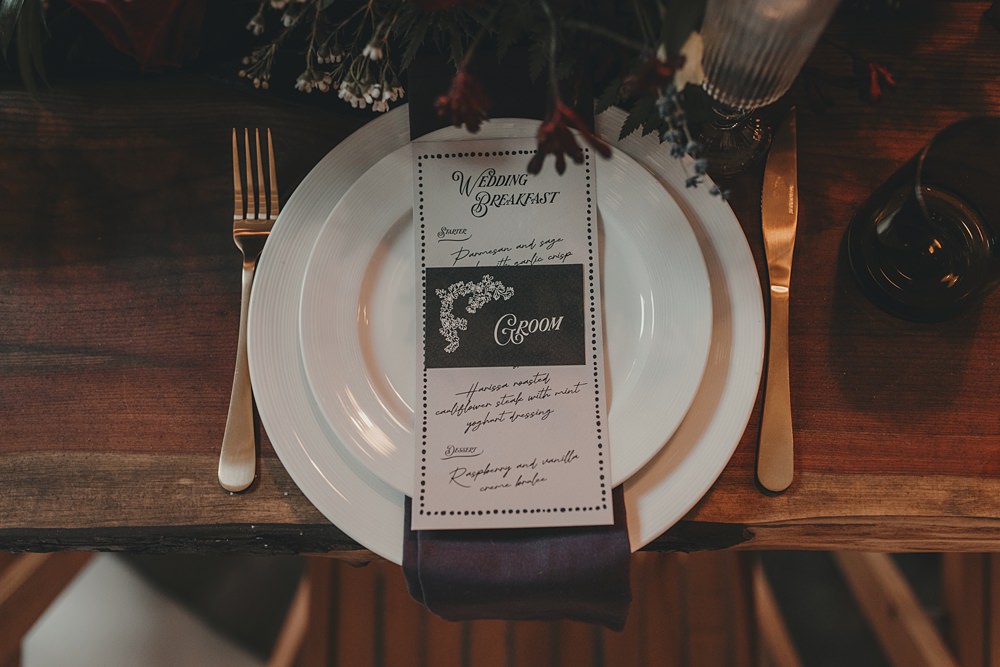 Celestial Witchy Winter Wedding Ideas Aurora Photographic Place Setting Black White Menu