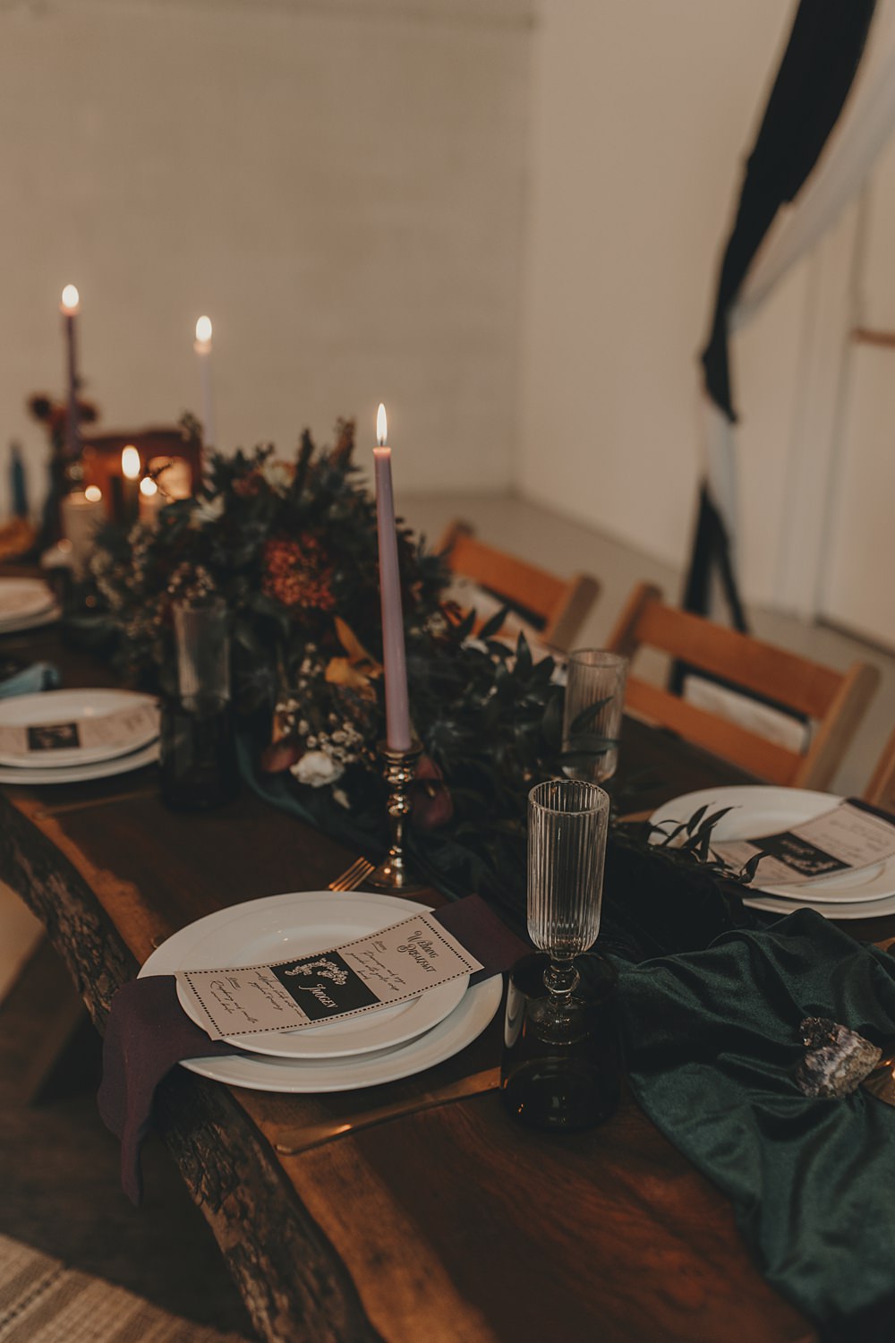 Celestial Witchy Winter Wedding Ideas Aurora Photographic Table Decor Black Orange Candles Napkin Stationery