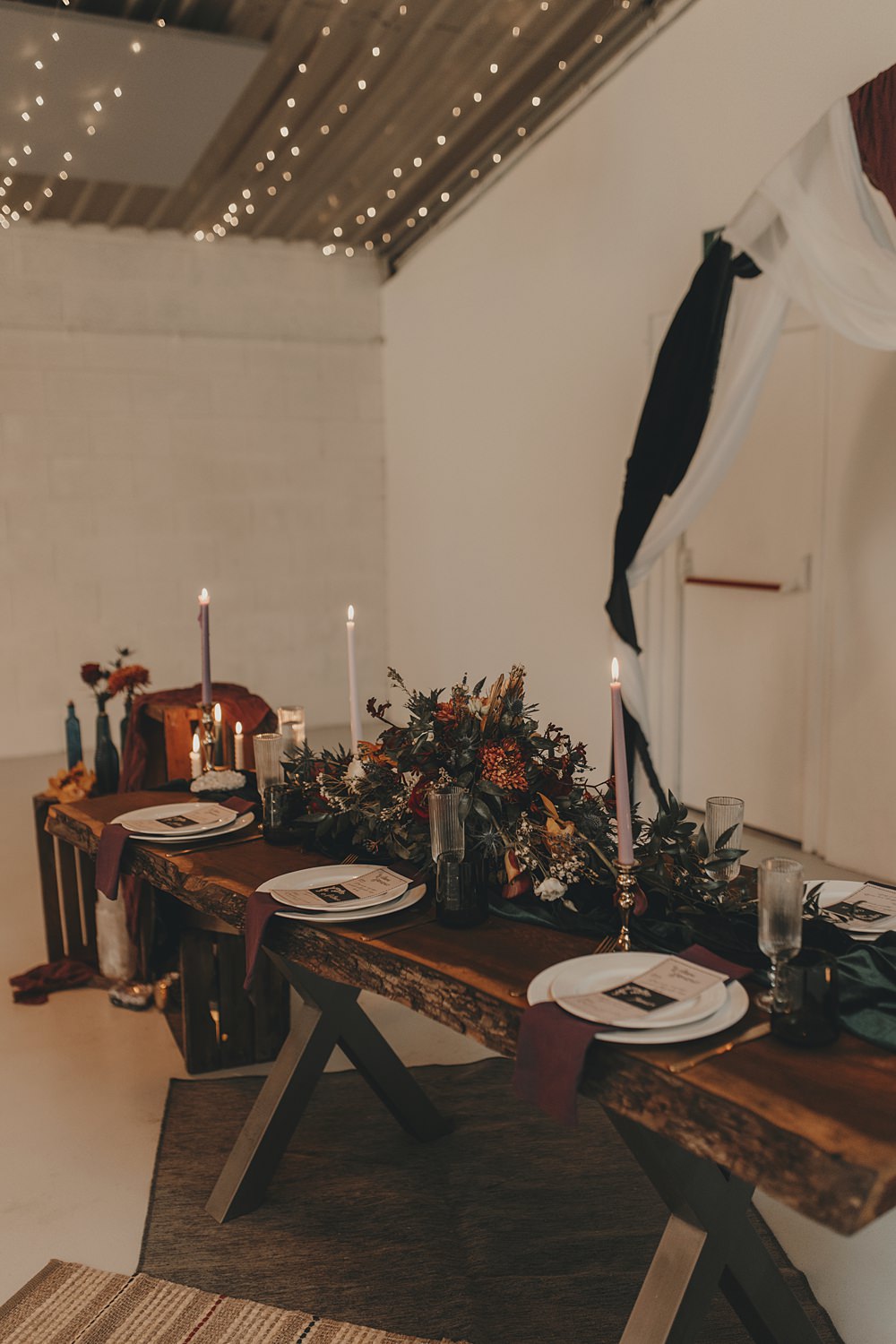 Celestial Witchy Winter Wedding Ideas Aurora Photographic Table Decor Black Orange Candles Napkin Stationery