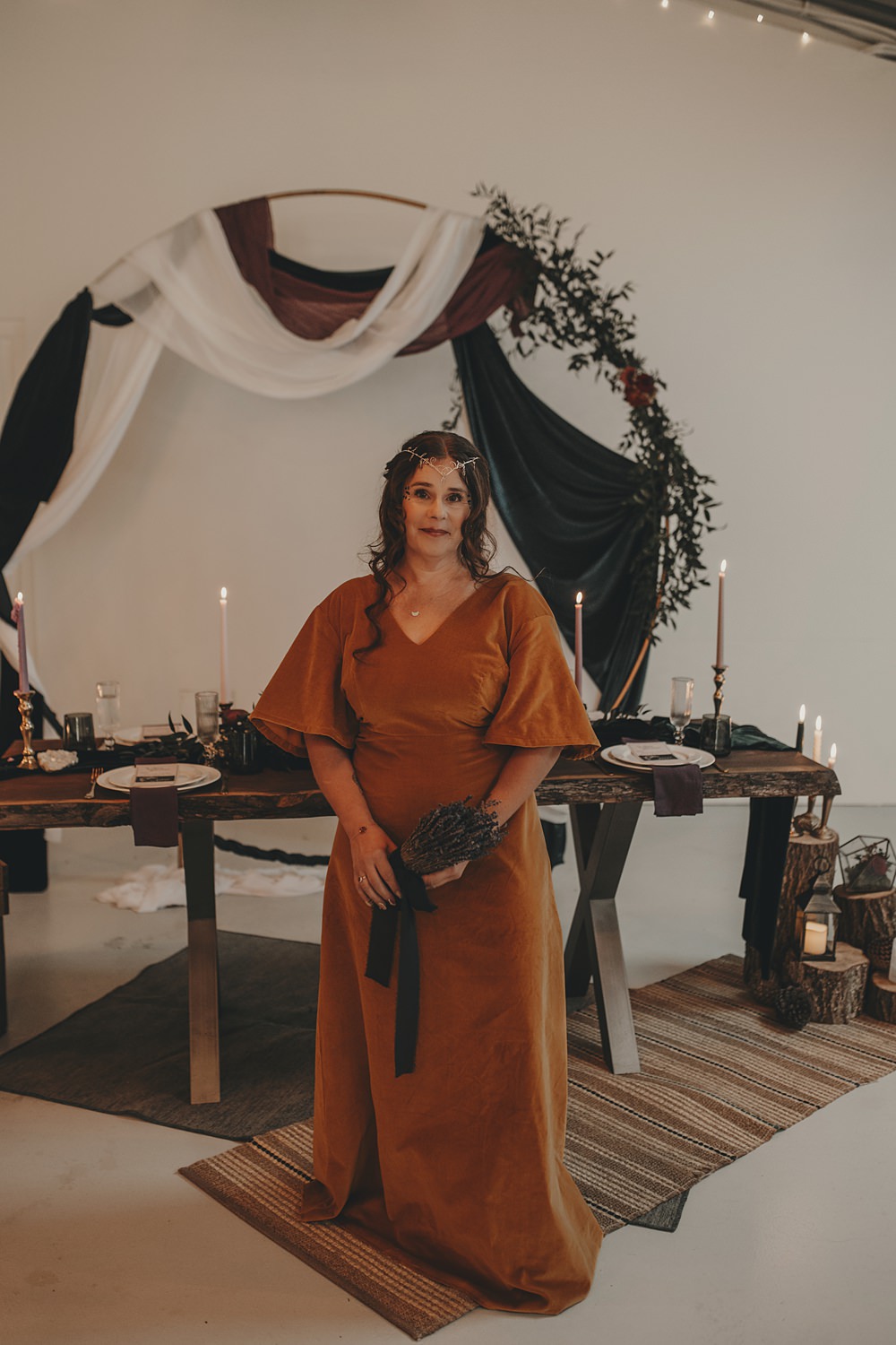 Celestial Witchy Winter Wedding Ideas Aurora Photographic Rust Burnt Orange Bridesmaid Dress