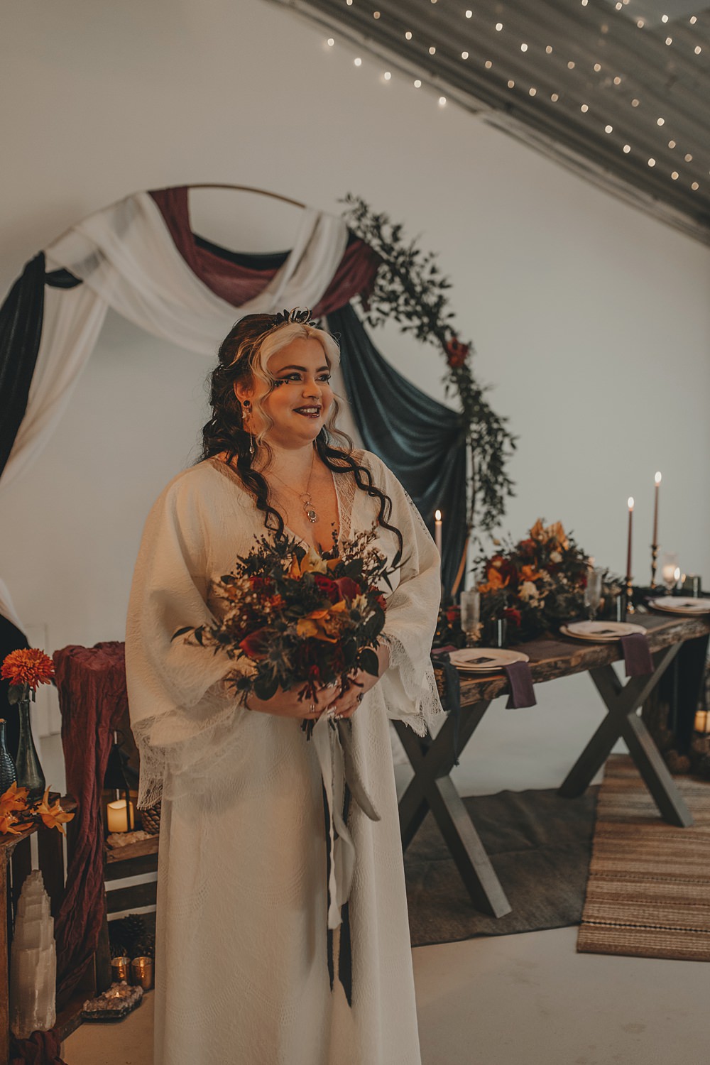 Celestial Witchy Winter Wedding Ideas Aurora Photographic Long Sleeve Floaty Boho Dress Bride Gown