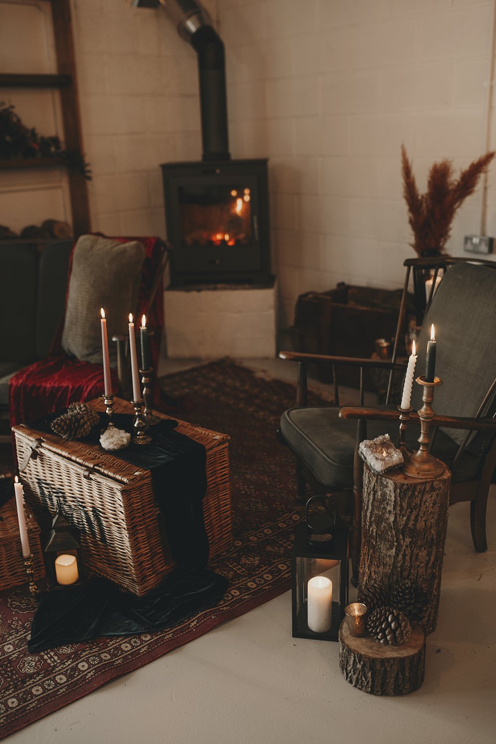 Celestial Witchy Winter Wedding Ideas Aurora Photographic Hamper Seating Flowers Candles Decor Fire