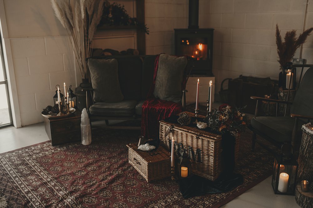 Celestial Witchy Winter Wedding Ideas Aurora Photographic Hamper Seating Flowers Candles Decor Fire