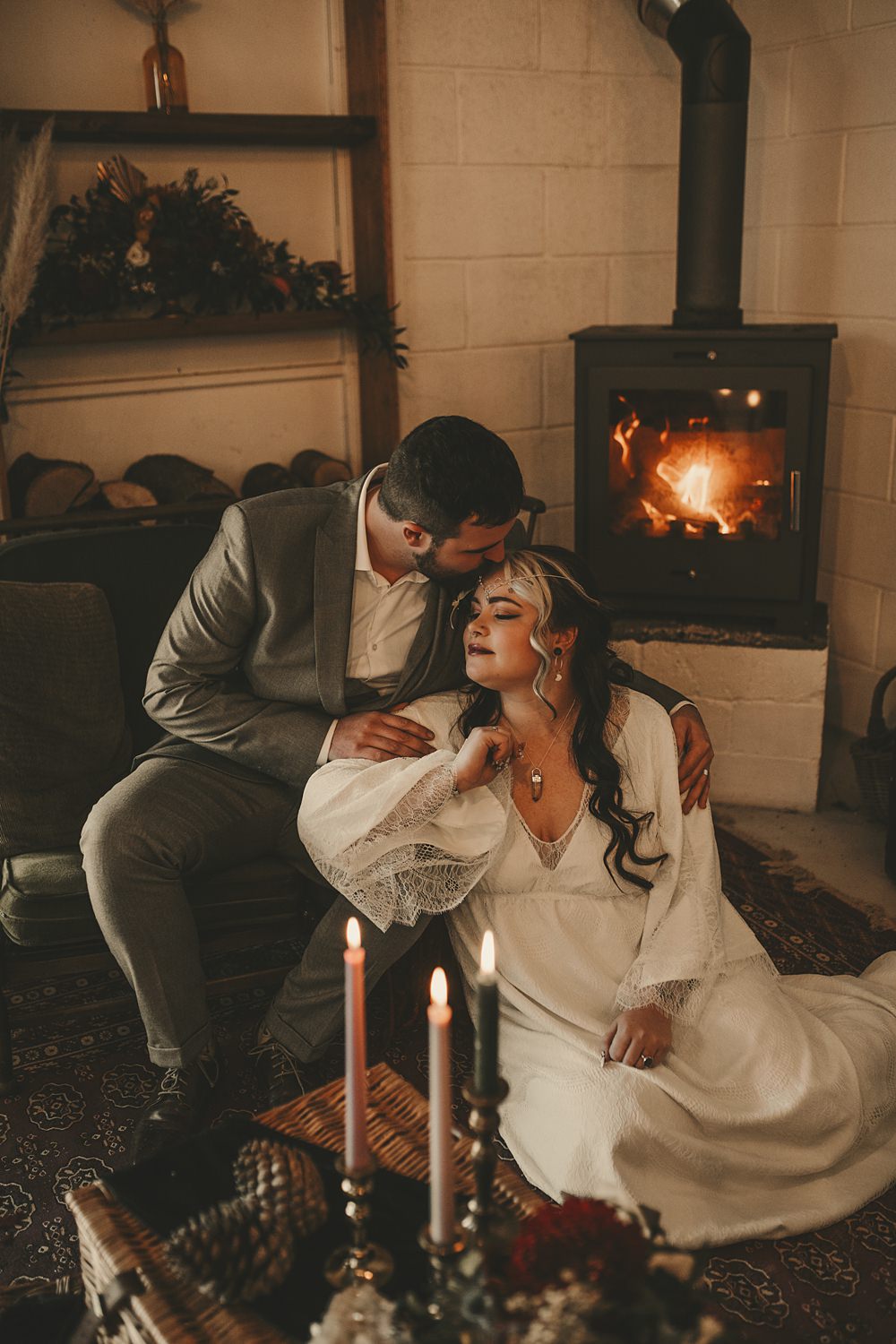 Celestial Witchy Winter Wedding Ideas Aurora Photographic Hamper Seating Flowers Candles Decor Fire