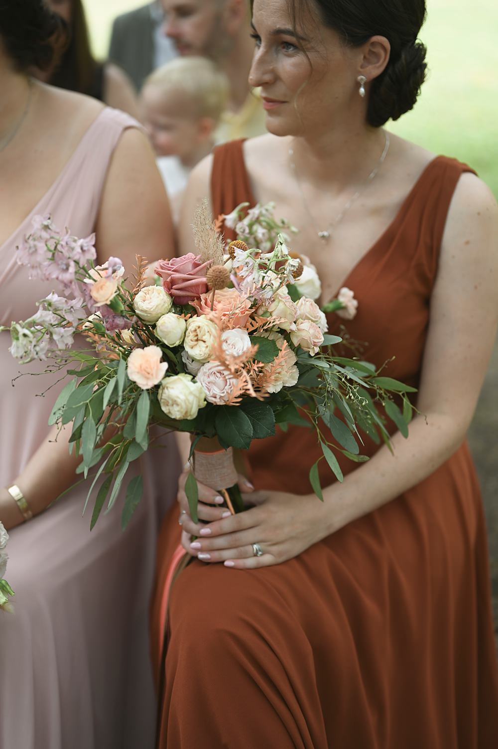 Chateau de Siradan Wedding Award Weddings Bridesmaid Bouquet Peach Cream Pink Flowers