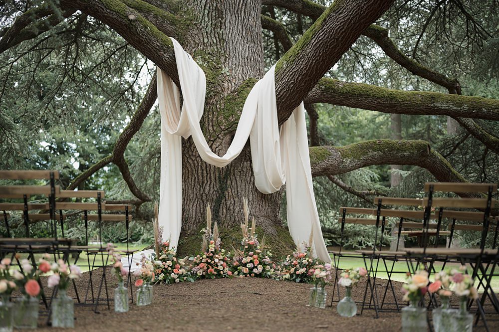 Chateau de Siradan Wedding Award Weddings Tree Ceremony Drapes Flowers Aisle