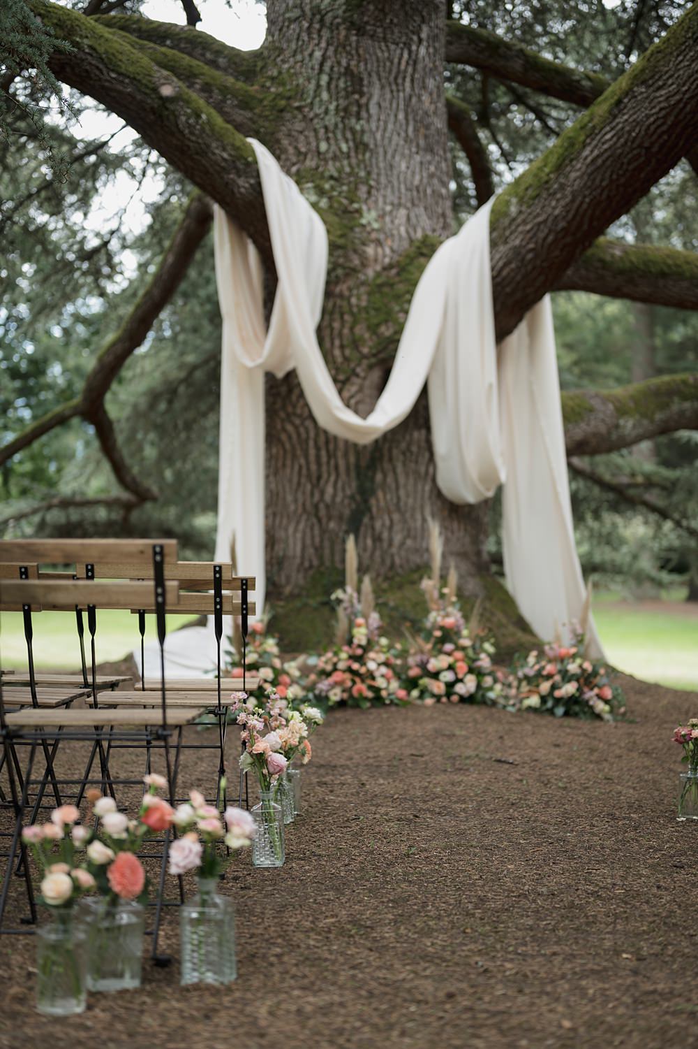 Chateau de Siradan Wedding Award Weddings Tree Ceremony Drapes Flowers Aisle