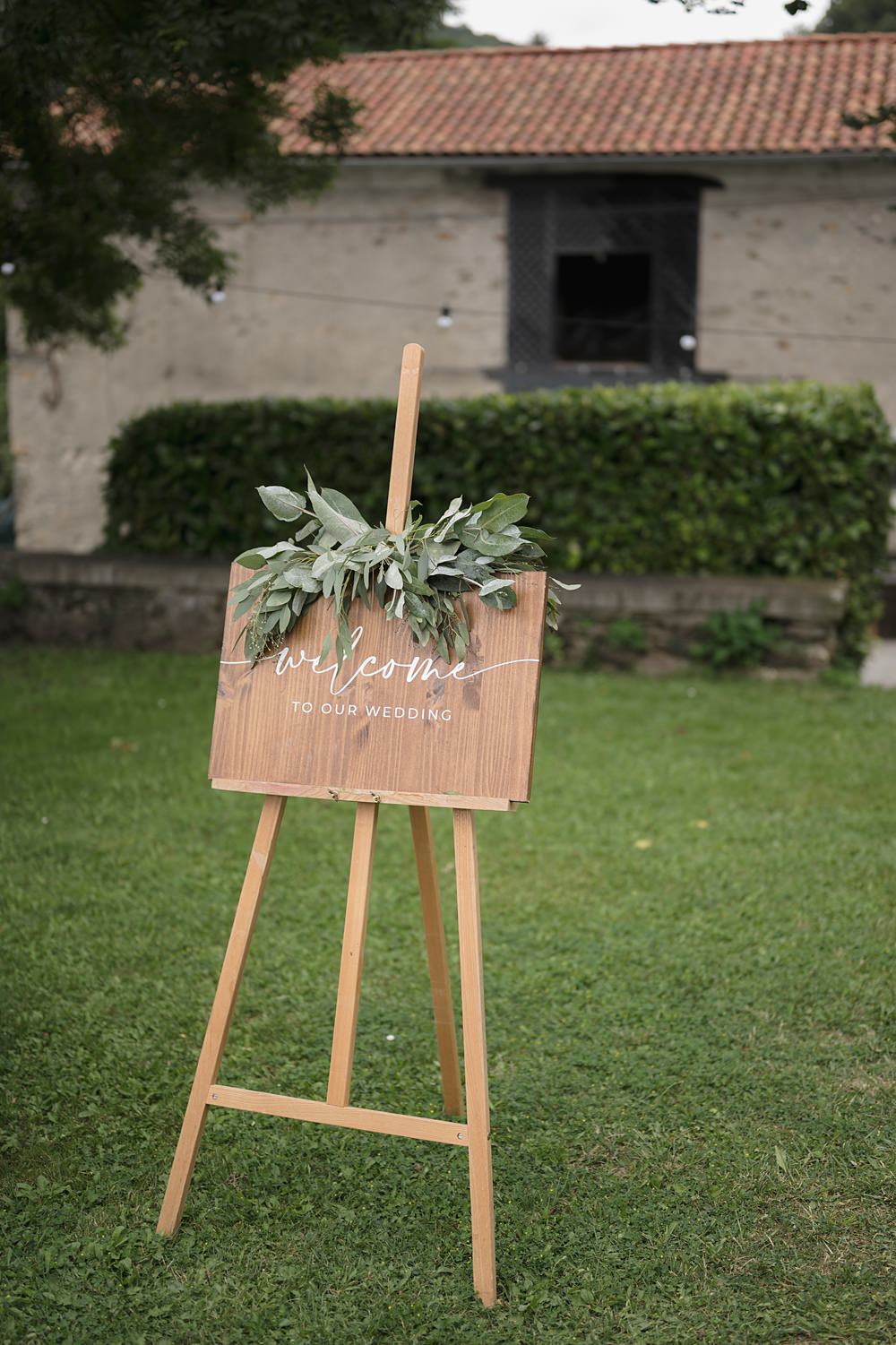 Chateau de Siradan Wedding Award Weddings Wooden Welcome Sign Greenery