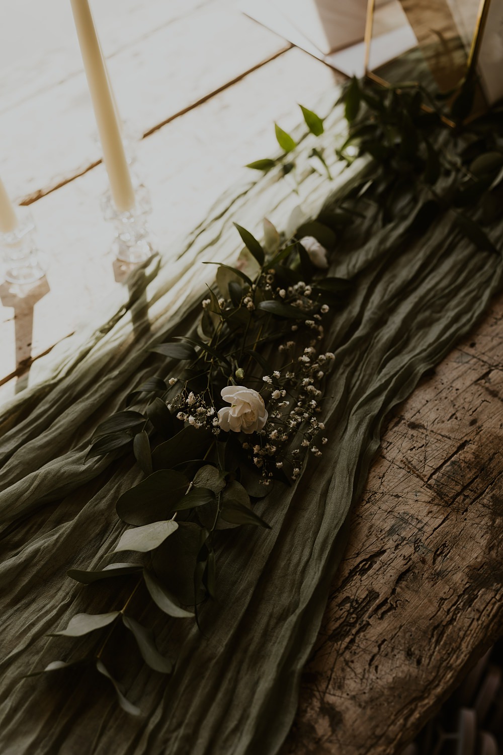 Table Decor Green Fabric Tall Candles Flowers Classic Barn Wedding Firewood Film