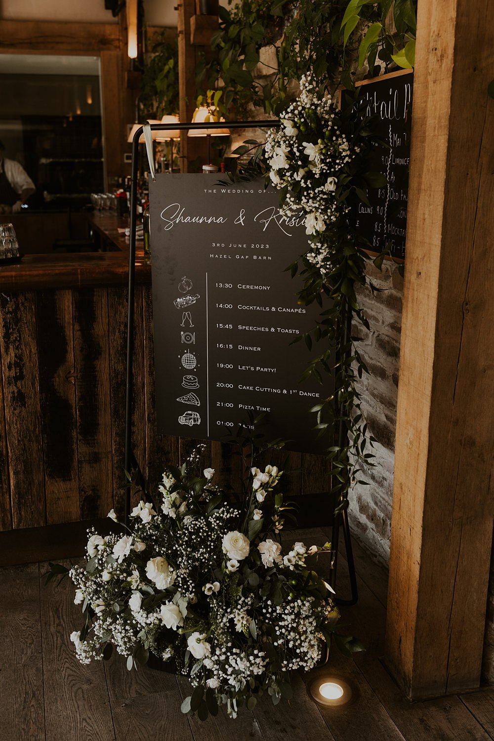 Black White Order Sign Greenery Flower Classic Barn Wedding Firewood Film