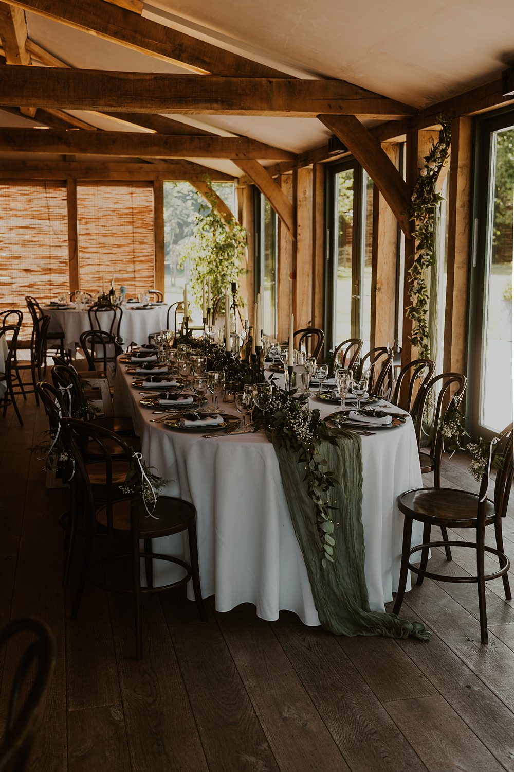 Table Decor Green Fabric Tall Candles Flowers Classic Barn Wedding Firewood Film