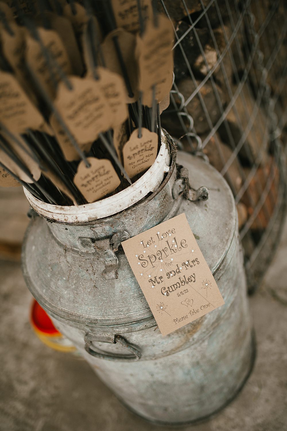 Farmer Barn Wedding DIY Rebecca Jones Photography Sparklers Milk Churn