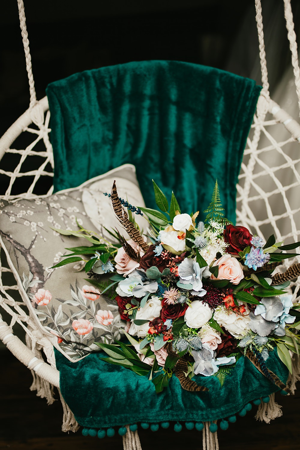 Farmer Barn Wedding DIY Rebecca Jones Photography Bouquet Flowers Bridal Artificial Feathers