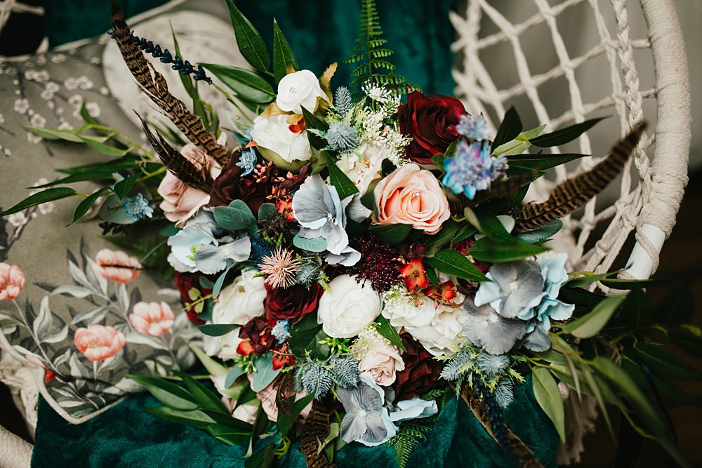 Farmer Barn Wedding DIY Rebecca Jones Photography Bouquet Flowers Bridal Artificial Feathers