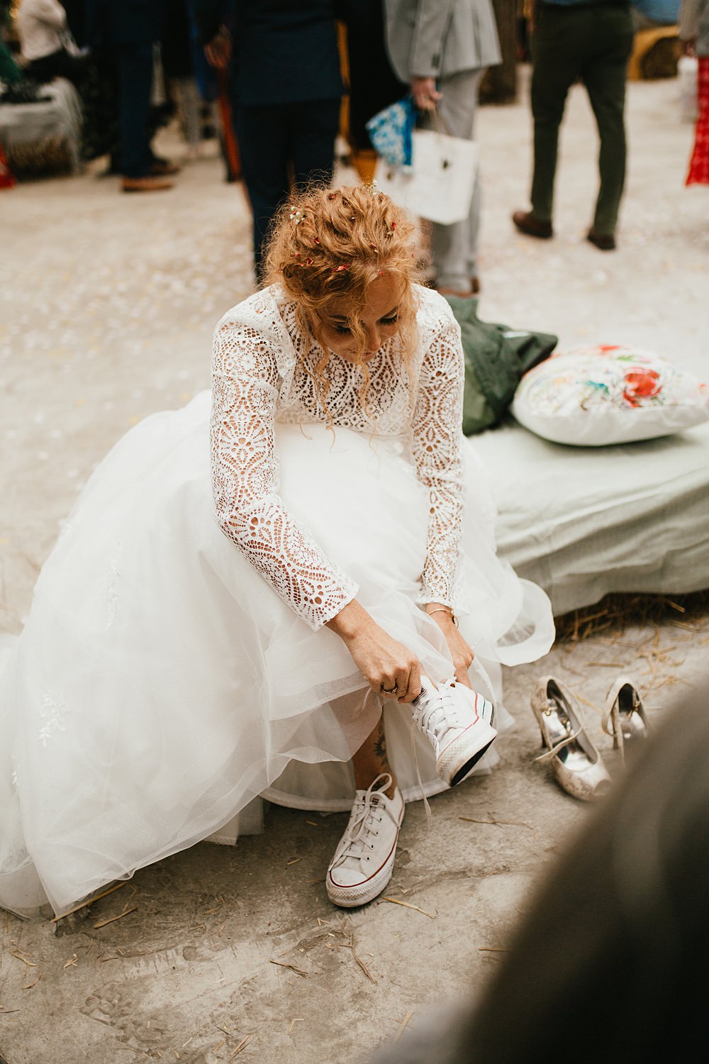 Farmer Barn Wedding DIY Rebecca Jones Photography Bride Trainers Shoes