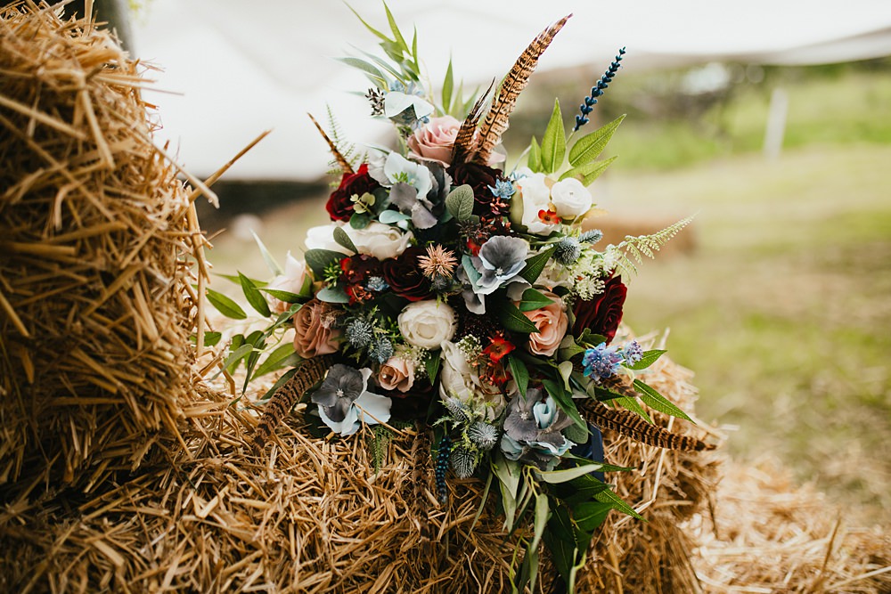 Farmer Barn Wedding DIY Rebecca Jones Photography Bouquet Flowers Bridal Artificial Feathers