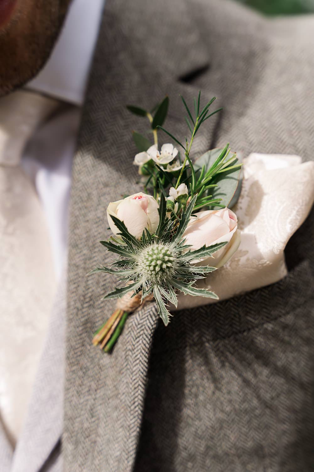 Orchard Wedding Just James Weddings Buttonhole Flower Groom Thistle Rose