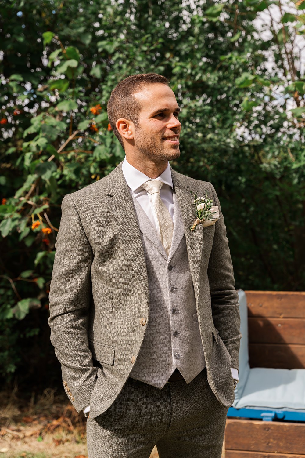 Orchard Wedding Just James Weddings Groom Grey Suit White Tie