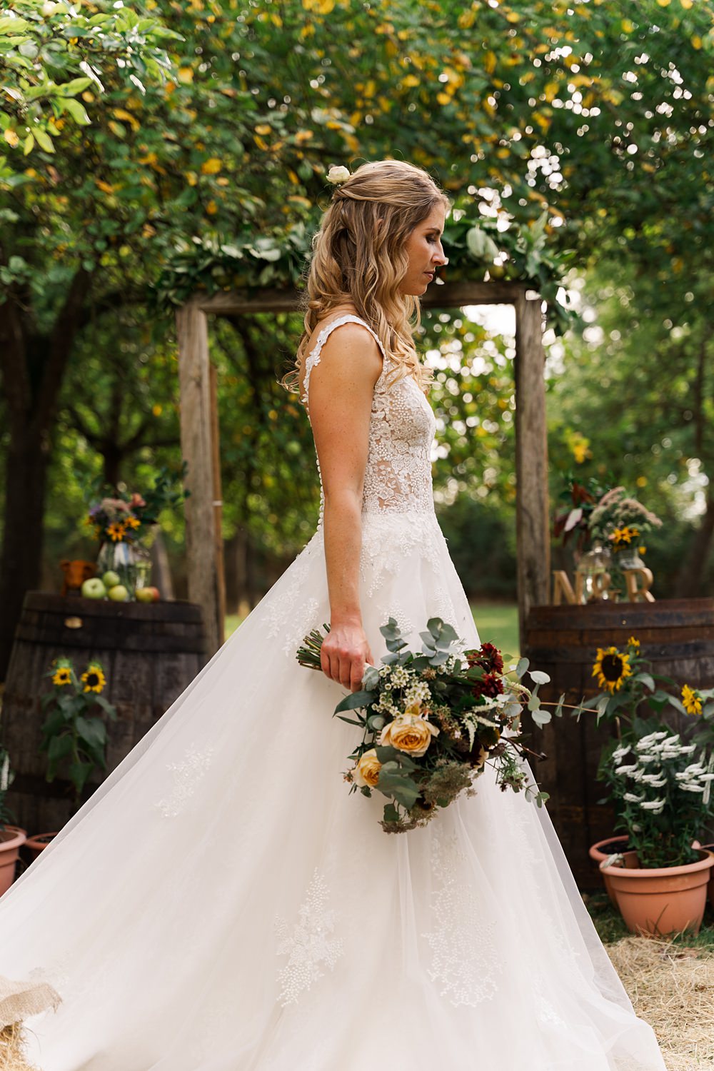 Orchard Wedding Just James Weddings Dress Gown Bride Straps Lace Tulle