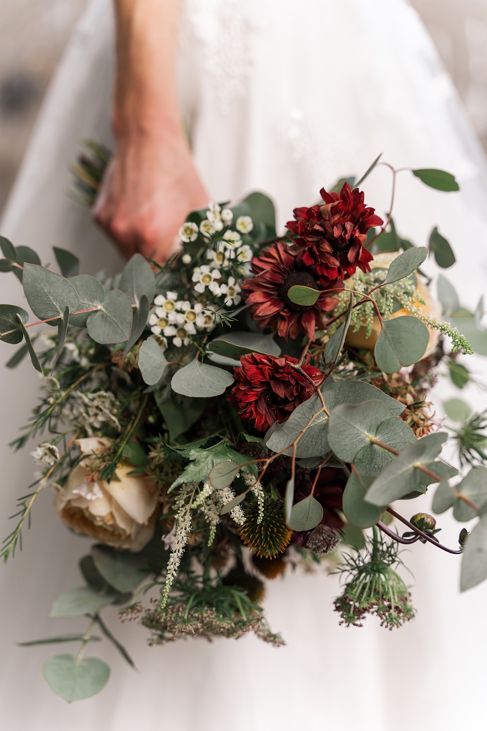 Orchard Wedding Just James Weddings Bride Bouquet Greenery Orange Red Autumn
