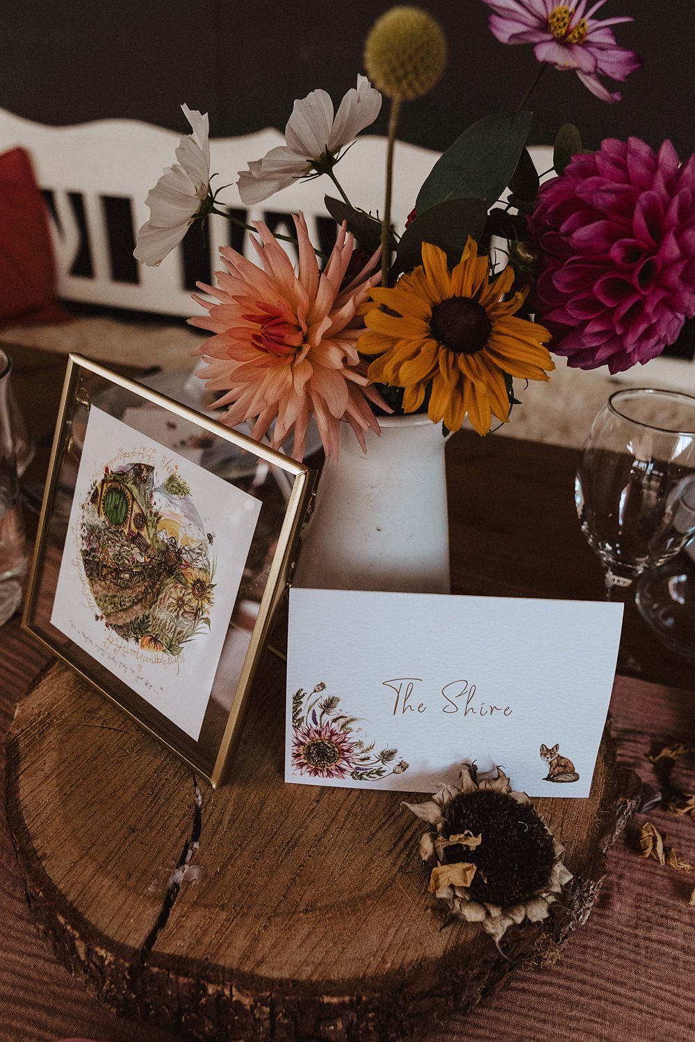 Safari Tent Wedding Indie Love Photography Centrepiece Jug Flowers Sunflower Dahlia Pink Orange Log Slice Table Name Painted