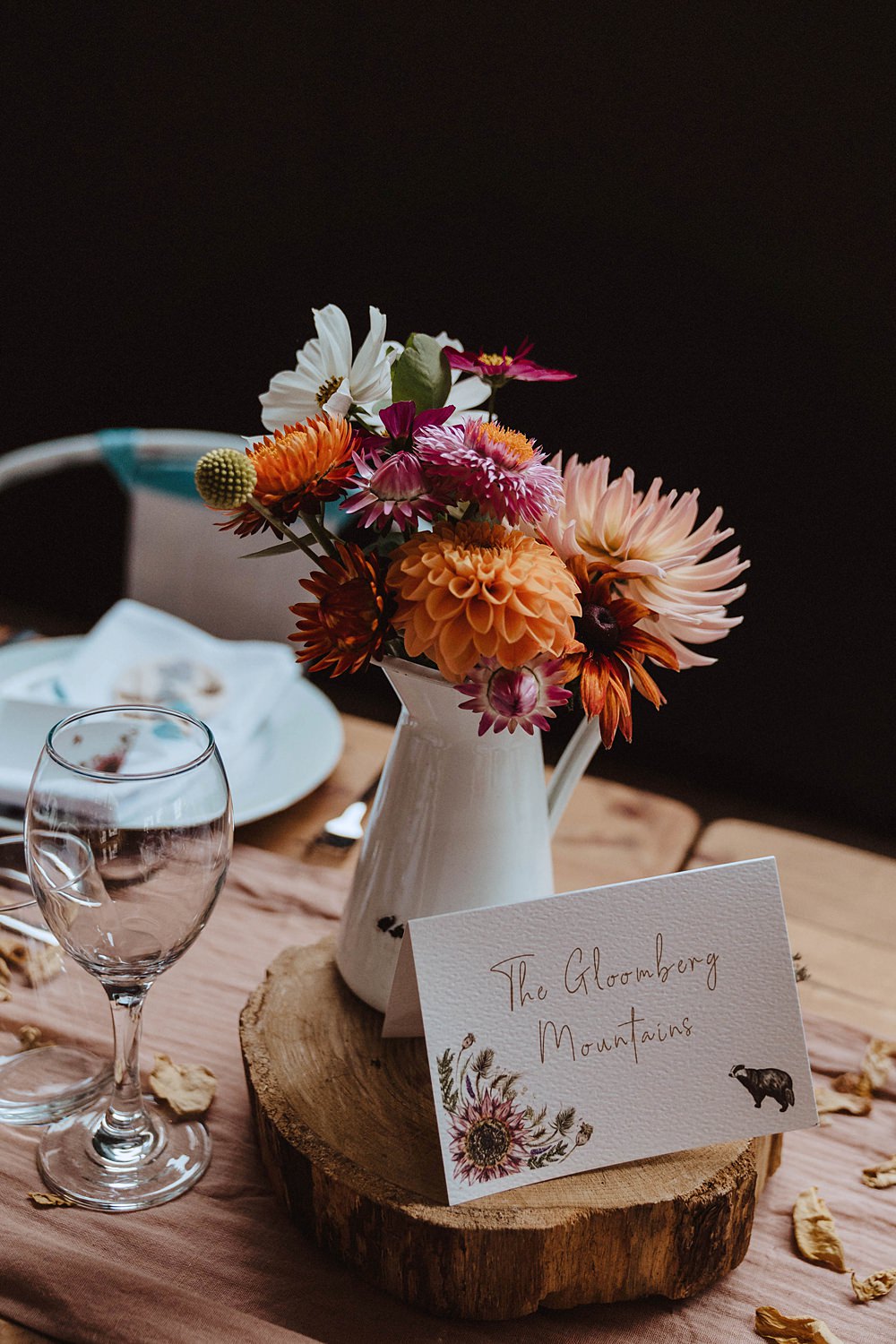 Safari Tent Wedding Indie Love Photography Centrepiece Jug Flowers Sunflower Dahlia Pink Orange Log Slice Table Name Painted