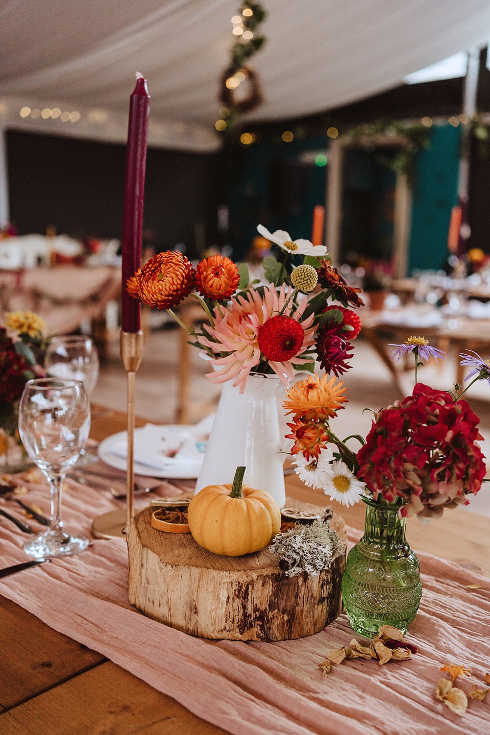 Safari Tent Wedding Indie Love Photography Centrepiece Jug Flowers Sunflower Dahlia Pink Orange Log Slice Table Name Painted Pumpkin