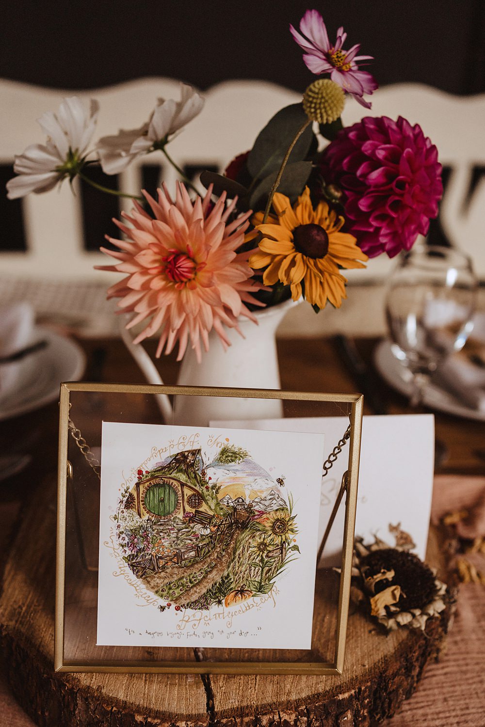 Safari Tent Wedding Indie Love Photography Centrepiece Jug Flowers Sunflower Dahlia Pink Orange Log Slice Table Name Painted