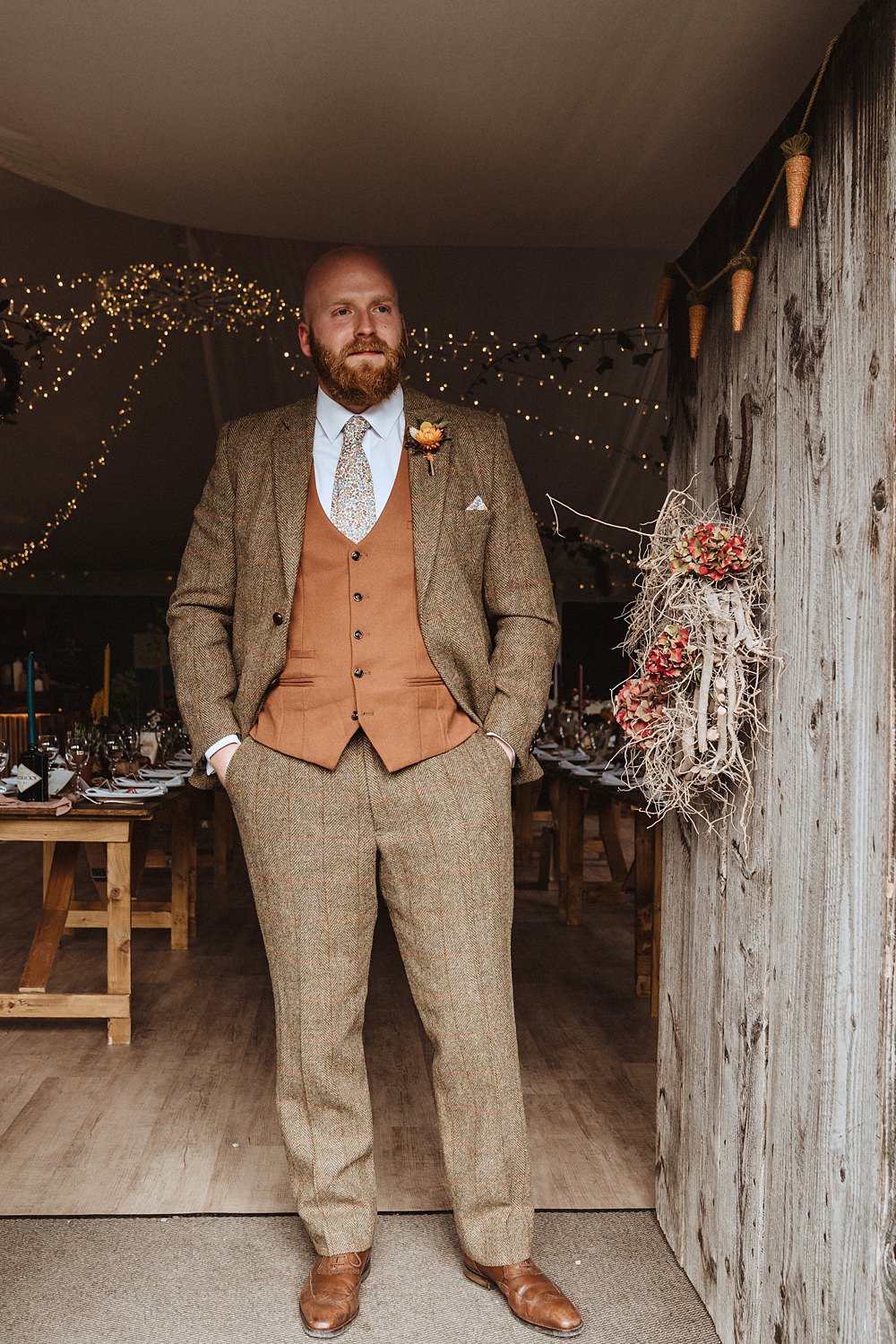 Safari Tent Wedding Indie Love Photography Groom Brown Tweed Suit