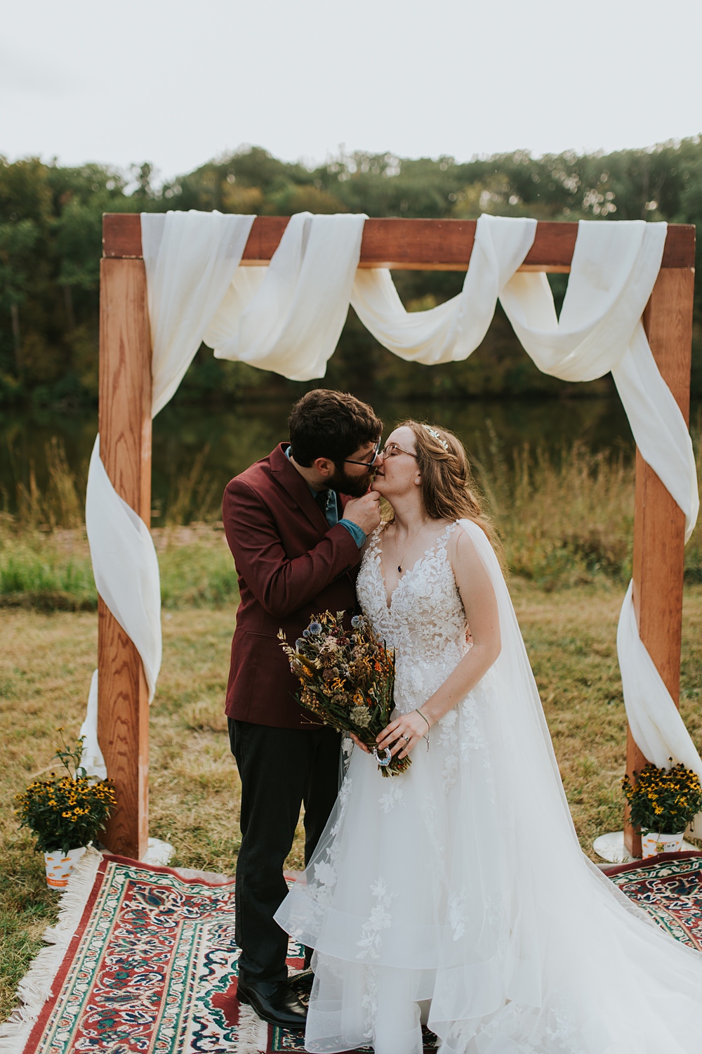 Scout Camp Wedding Rachael Marie Photography Wooden Frame Drapes Backdrop Ceremony