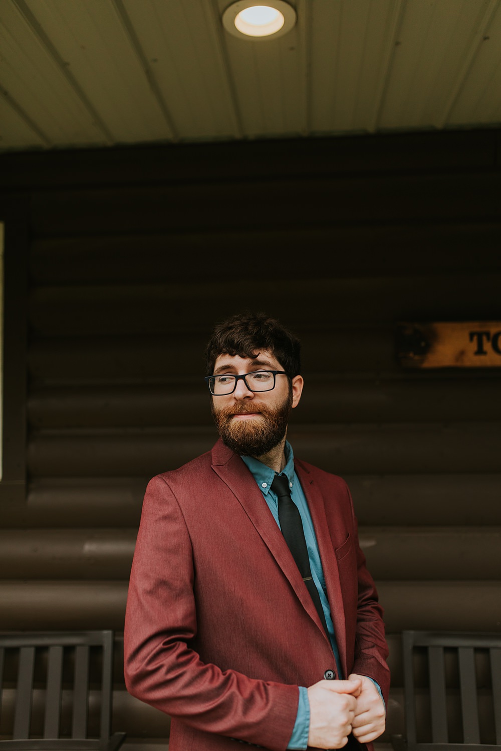 Scout Camp Wedding Rachael Marie Photography Groom Burgundy Suit Blue Shirt