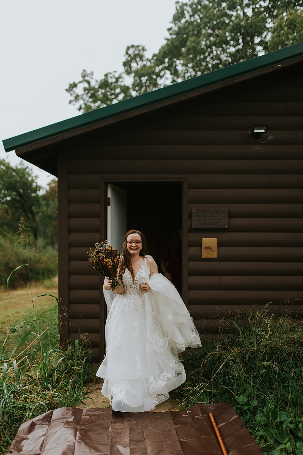 Scout Camp Wedding Rachael Marie Photography Lace Dress Gown Bride Cape Veil