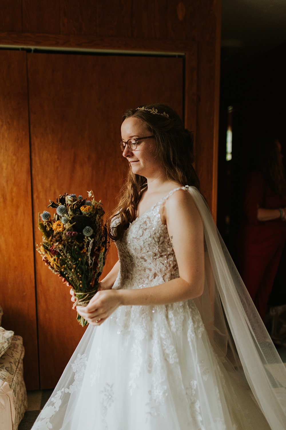 Scout Camp Wedding Rachael Marie Photography Lace Dress Gown Bride Cape Veil