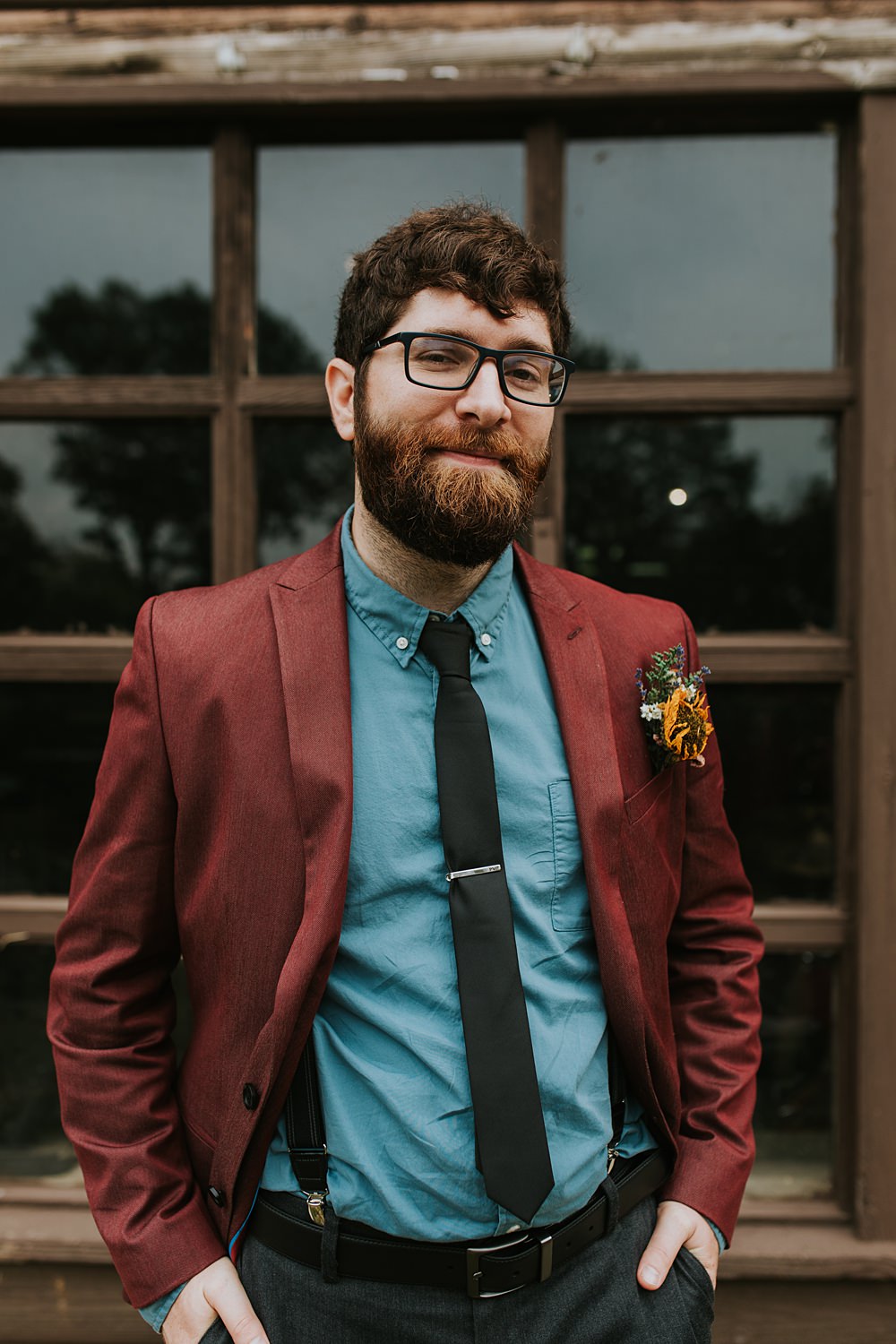 Scout Camp Wedding Rachael Marie Photography Groom Burgundy Suit Blue Shirt