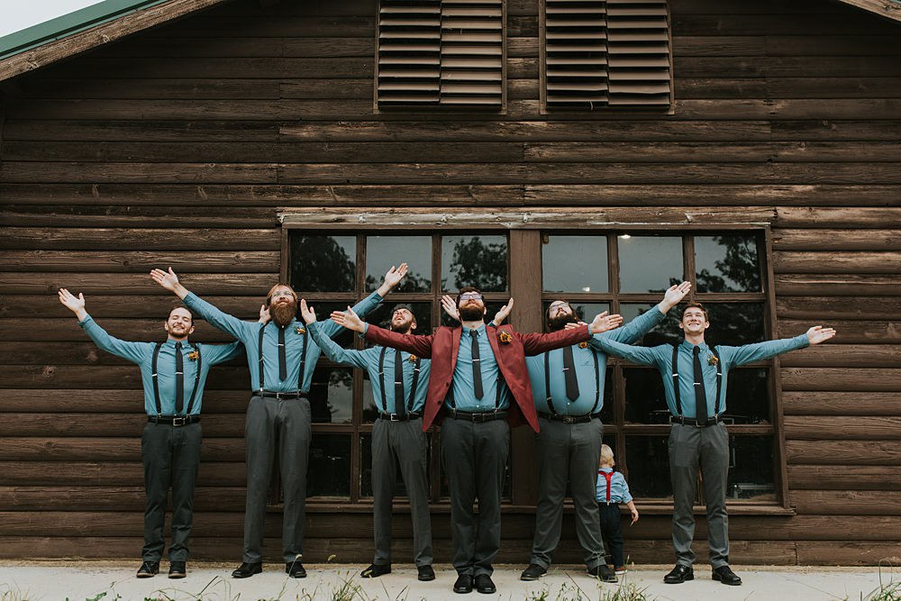 Scout Camp Wedding Rachael Marie Photography Groom Burgundy Suit Blue Shirt Groomsmen Braces