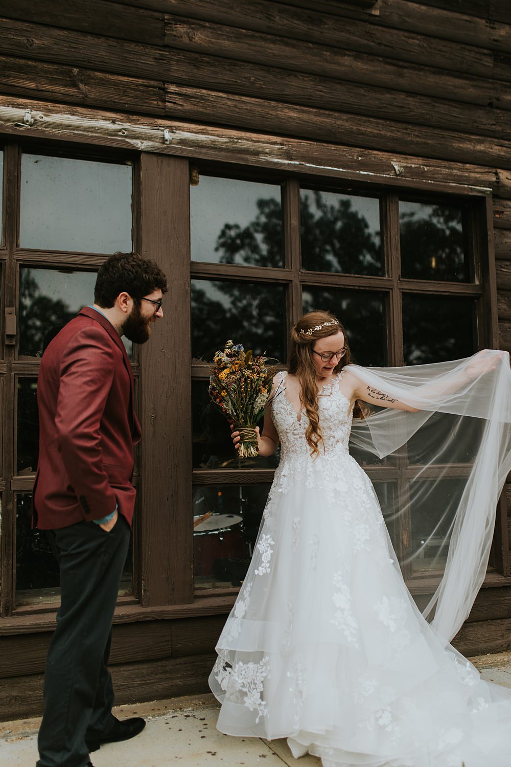 Scout Camp Wedding Rachael Marie Photography Lace Dress Gown Bride Cape Veil