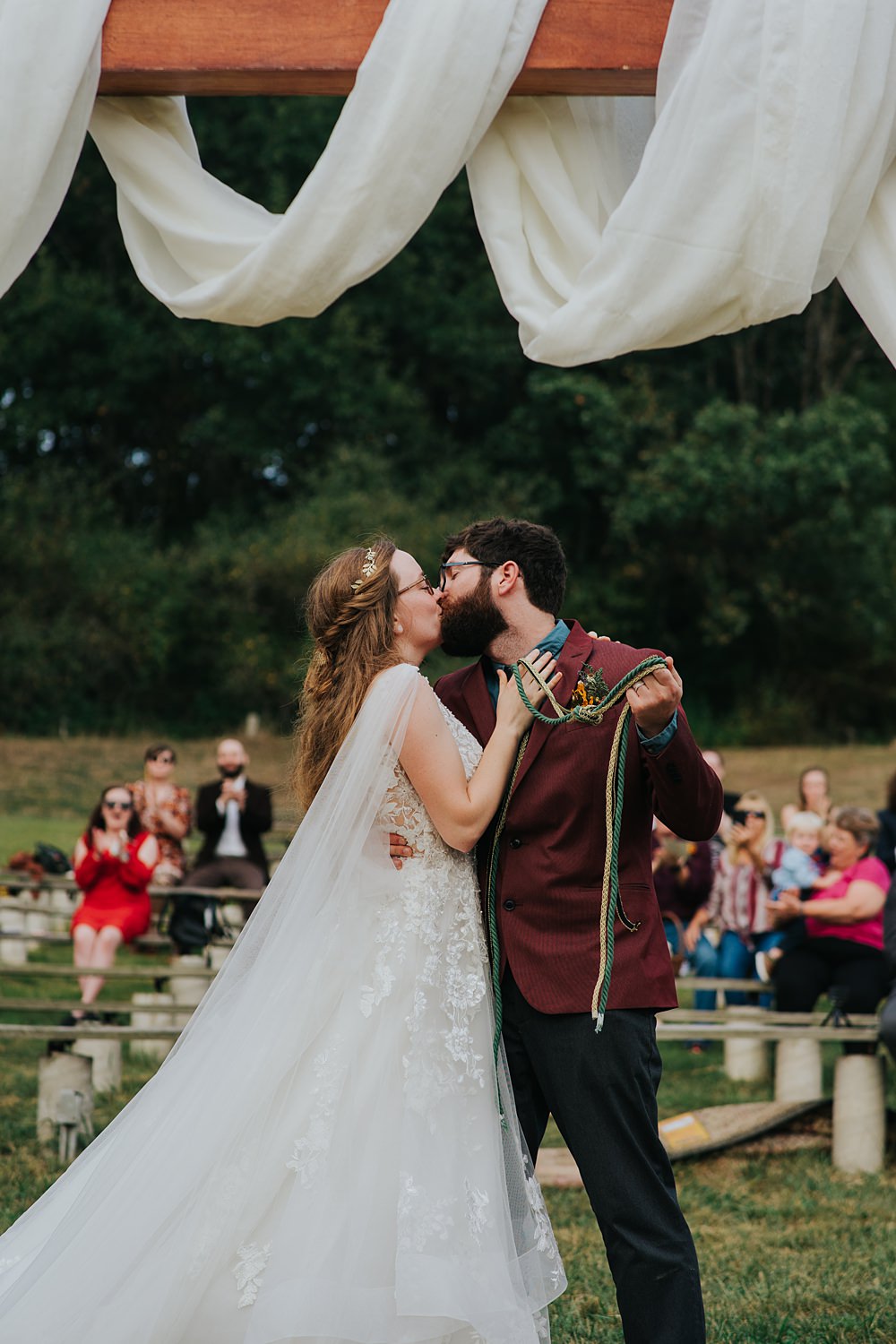 Scout Camp Wedding Rachael Marie Photography Wooden Frame Drapes Backdrop Ceremony